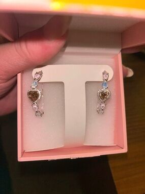 Heart Drop Dangle Earrings with Pink and Clear Stones